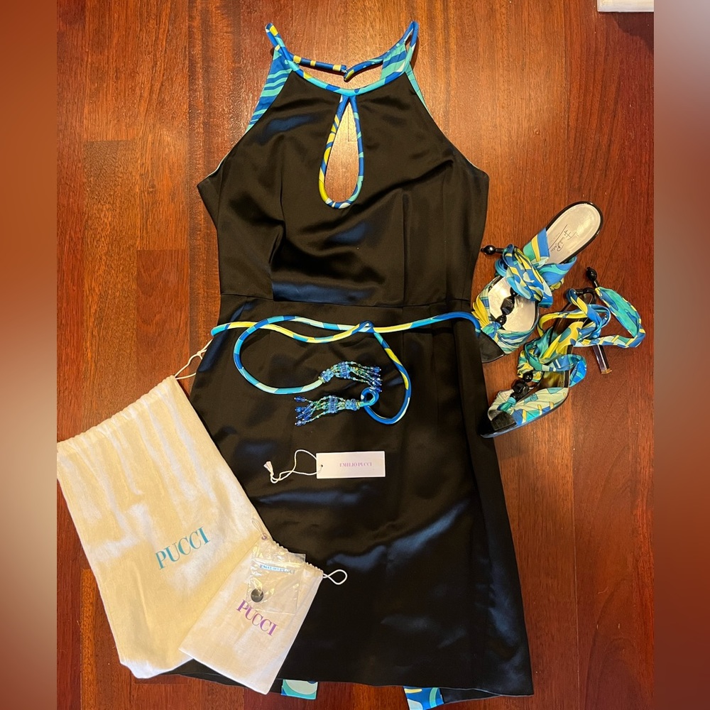 Vintage Emilio Pucci dress, shoes, and beaded belt set with original bags